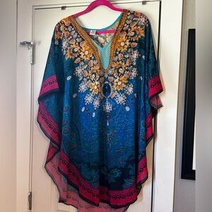 Vibrant Floral Women's Tunic - Teal and Magenta with rhinestones